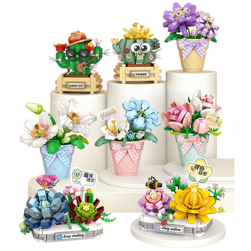 

Mini Potted Flower Building Blocks Simulation Plant Bouquet Assembling Ornaments Children's Toys Boys Girls Gifts Home Decor