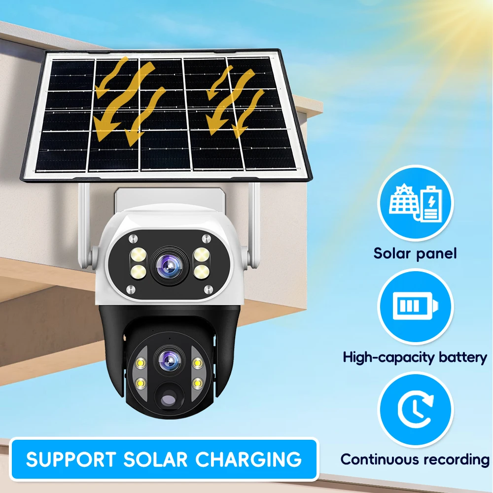 كاميرا مراقبة تعمل بالطاقة الشمسية 4K 8MP 4G مع كاميرا مراقبة SIM بعدسة مزدوجة 10X تكبير رقمي تلقائي كشف الإنسان V380 Pro الأمن الخارجي PTZ IP CCTV