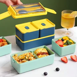 1pc Bento Boxes Portable Double-layer Lunch Box With Cutlery And Lid Reusable Food Storage Container For Students Travelers Offi