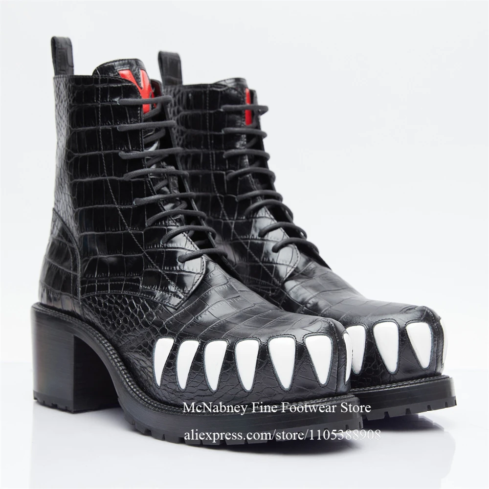

Snake Pattern Mid Calf Boots with Crocodile Teeth Chunky Heel Zip Contrast Color Novelty Shoes for Men Punk Footwear Multicolor