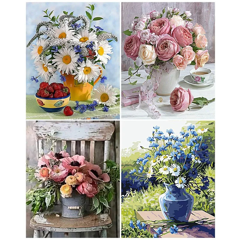 Confezione da 4 pezzi pittura diamante fai da te margherita rosa vaso decorazione floreale punto croce trapano rotondo completo regalo d'arte in resina decorazioni per la casa