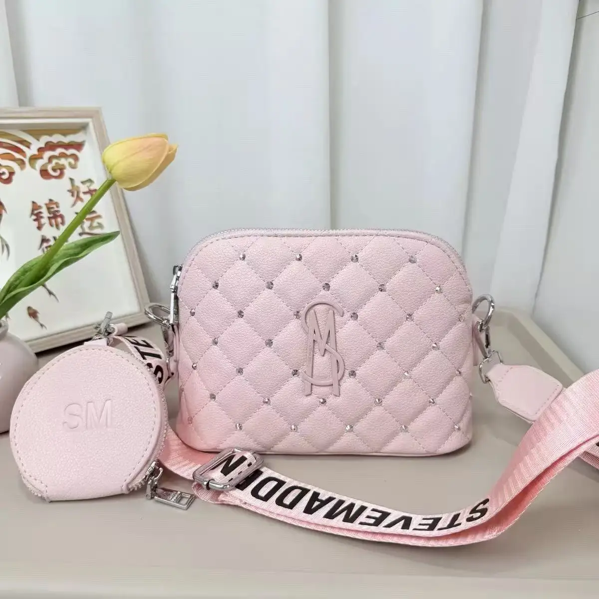 High quality Steve Madden2026 new diamond grid camera bag, women's luxury crossbody bag, casual shoulder bag
