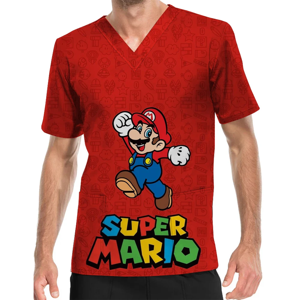 Zomer Nieuwe Cartoon Anime Super Mario Mannen En Vrouwen Werk Uniform V-hals Print Scrub Top Ziekenhuis Verpleegkundige Tandheelkundige t-shirt