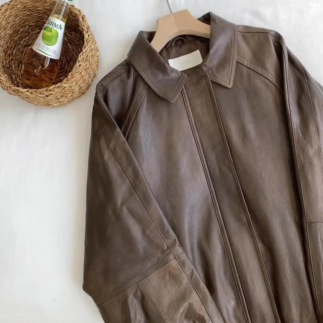 Jaet de cuero informal de alta calidad para mujer, Color puro, Retro Sle Dongda Gate Ounce, prendas de vestir exteriores defectuosas, para ir al trabajo, Sle Long...