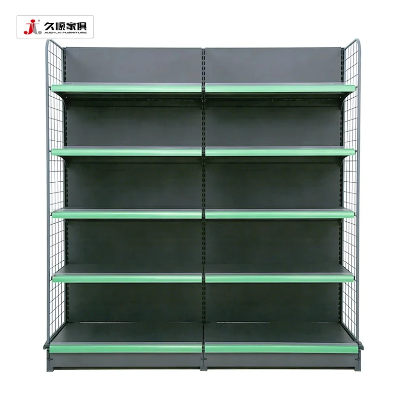 custom.JIUSHUN Multi Purpose Gondola Shelves Grocery Estantes Metallic Supermarket Display Rack Retail