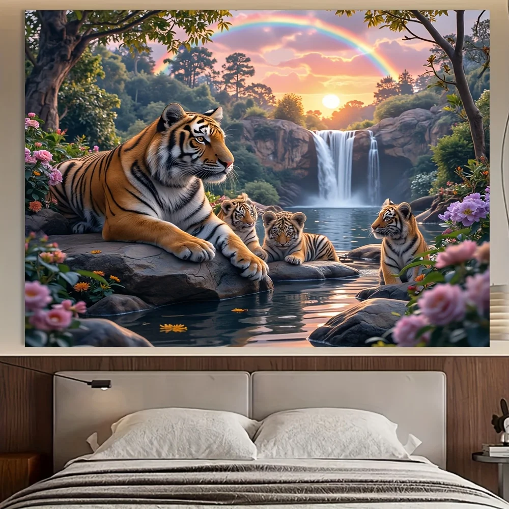 VIKAMA Tiger Family Waterfall Sunset Tapestry Natural Landscape Carpet Tropical Forest Rainbow Flowers Living Room Decoration