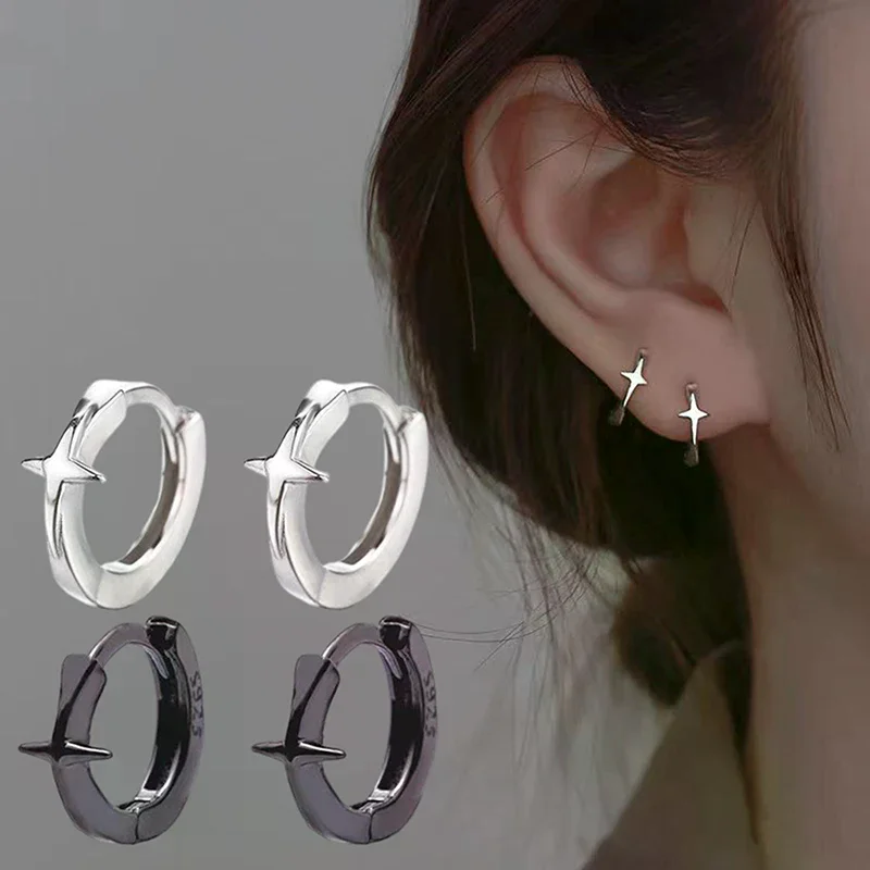 Four-pointed Star Cross Small Hoop Earrings For Men Women Hip Hop Retro Black Silver-color Street Gothic Ear Jewelry