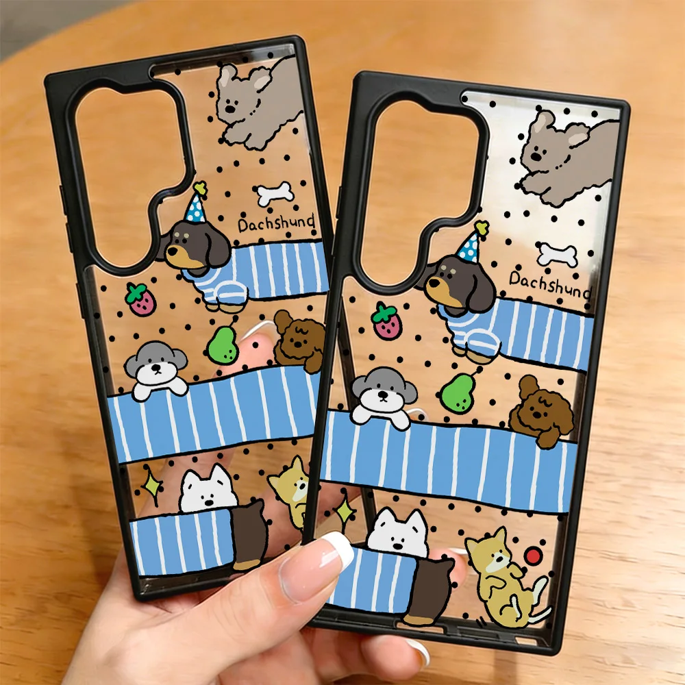 Chic Black Frame Clear Cartoon Dog Phone Case For Samsung Galaxy S26 S25 S24 S23 Ultra A57 A56 A26 A05 A34 A14 5G Cases Capinha
