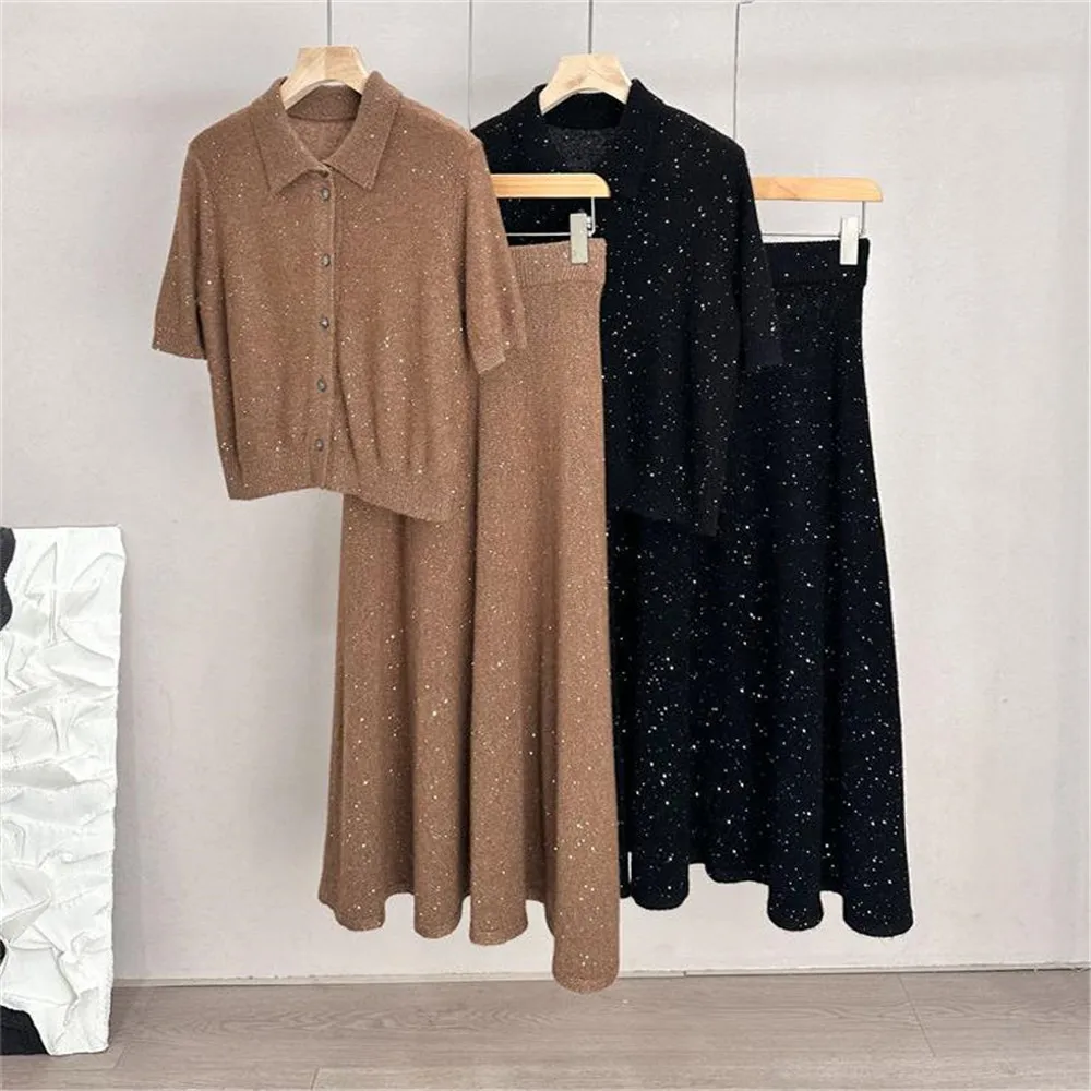 Woman Clothing 2-Piece Set Sequined Lapel Cardigan Sweater +Elastic High Waist Skirt Suit