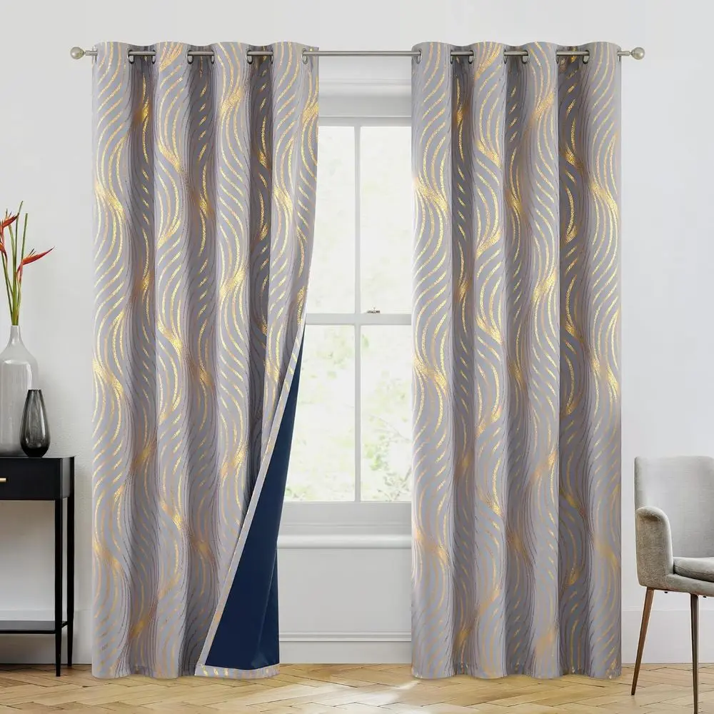 84 tende a pois ondulati in oro grigio con isolamento termico per camera da letto, tende da soggiorno in oro metallizzato a 2 pannelli con passacavo