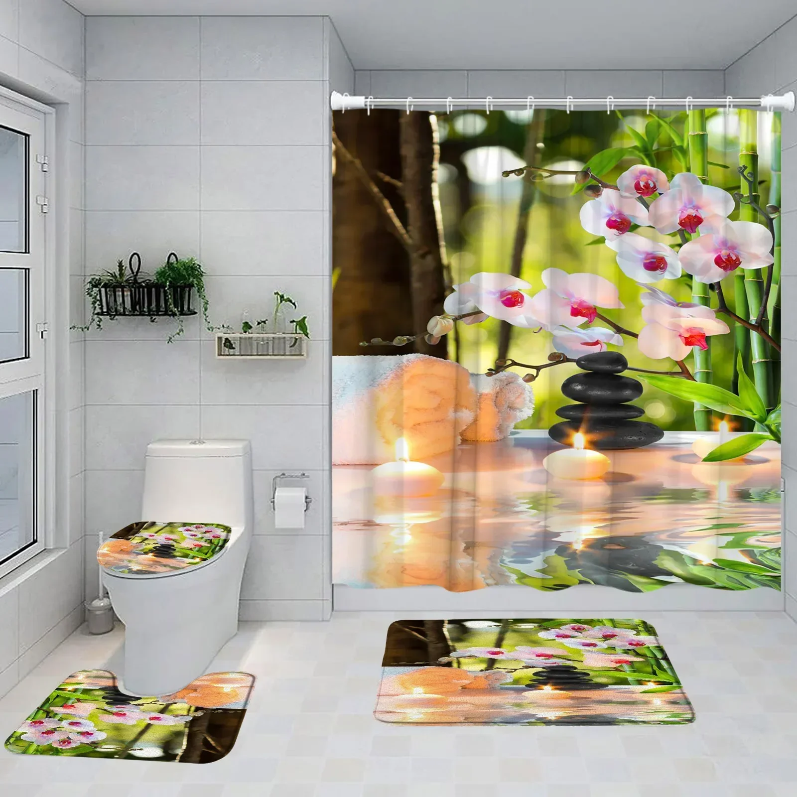 Zen Shower Set tirai ungu anggrek Hitam batu hijau bambu taman pemandangan kamar mandi dekorasi Non-Slip karpet mandi penutup Toilet