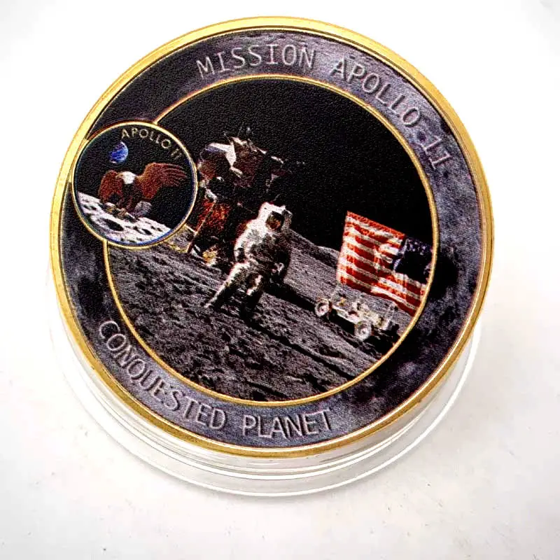 

1 PC Gold Plated Commemorative Coins of Apollo 11 Mission United States Colorful Collection Coin Spacecraft Lunar Landing Medals