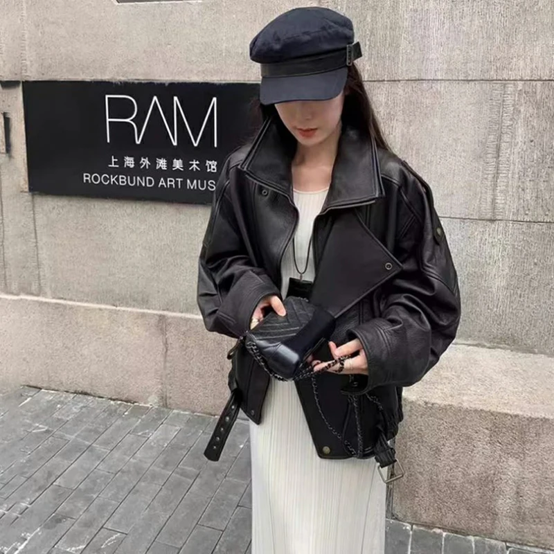 سترة نسائية كبيرة الحجم من جلد البولي يوريثان لربيع وخريف بأكمام طويلة وسحاب ملابس فاخرة بتصميم عتيق ملابس خارجية أنيقة للشارع