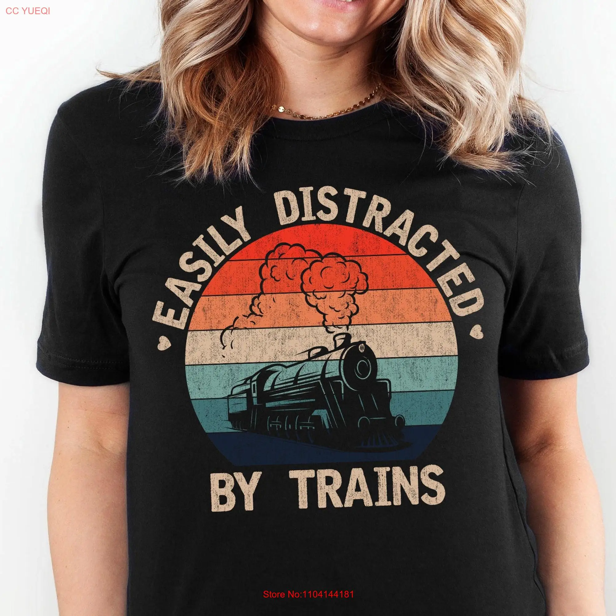 Funny Train Lover T Shirt Addict Conductor Retro Vintage Club Dad For Him Easily Distracted long or short sleeves