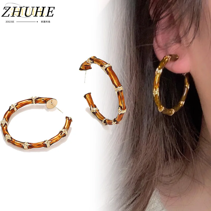 

Fashionable Bamboo-Inspired Hoop Earrings, Tortoise Brown with Gold Stars, Bold Statement Earrings for Daily & Party Wear