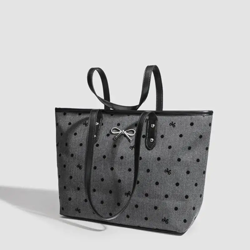 Bloom Sweet Cool Black Tote Women College Style Trendy Bow Print Large Capacity Handbag Ladies Vintage Shopping Bag Y2k