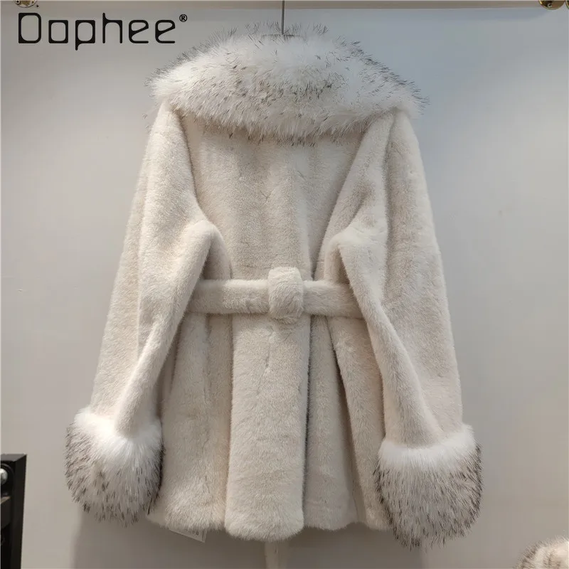 겨울 신상 우아한 사교계 친환경 모피 코트 여성용 인조 여우털 칼라 V넥 긴팔 두꺼운 따뜻한 코트