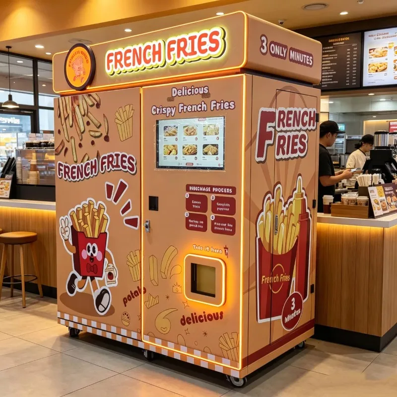 Custom artwork French fries vending machine, low-noise fry vending machine, mobile wheeled fries vending machine
