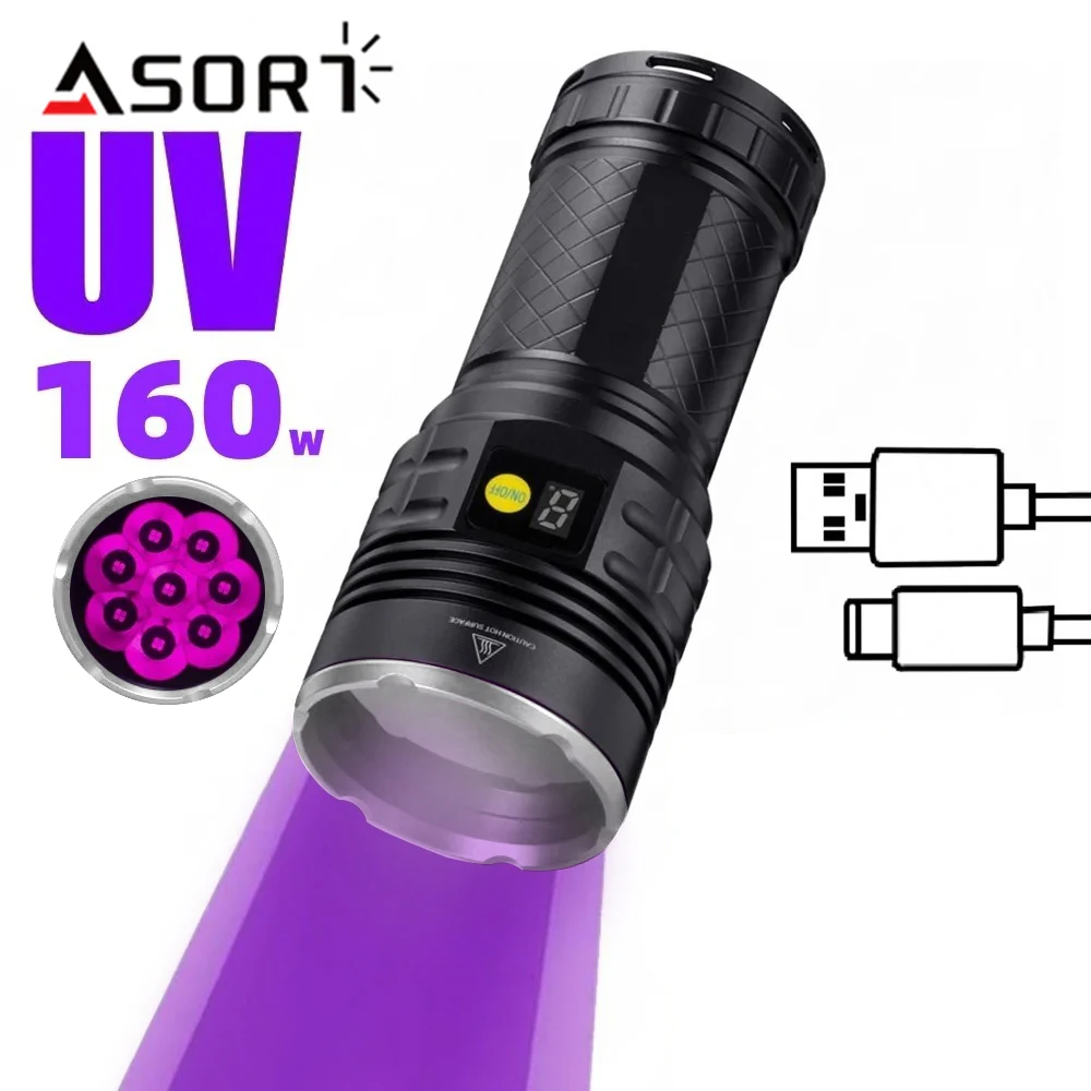 

365 нм мощный ультрафиолетовый фонарь 160 Вт высокая мощность УФ-фонарик черный свет светодиодный фонарик USB перезаряжаемый уличный