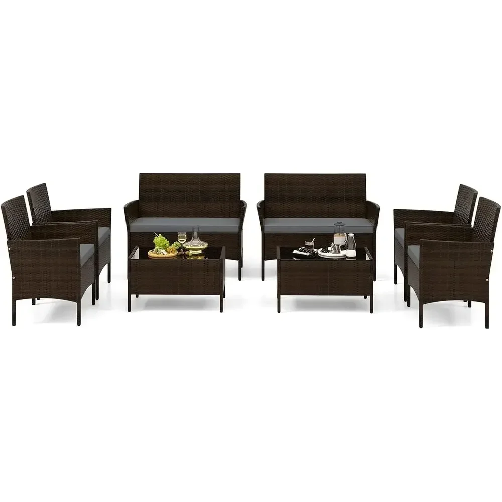 8-Piece Outdoor Rattan Patio Furniture Set with Cushions, Sectional Sofa, Loveseat, and Glass Table in Grey