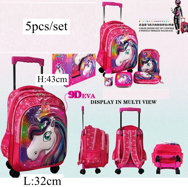 kids School Rolling backpacks set lunch bag pen bag 5 pcs / set school bag with wheels for girls School Trolley bags for boys