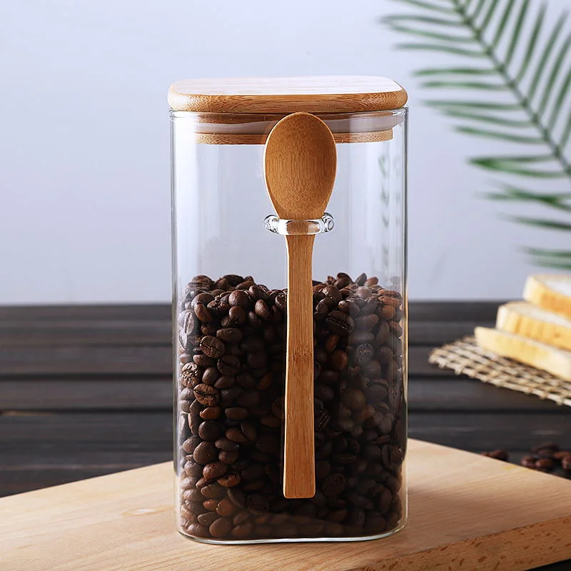 Récipient de stockage en verre carré avec cuillère et couvercle en bambou, récipient de cuisine pour aliments, grains de café, 1-1,5 l