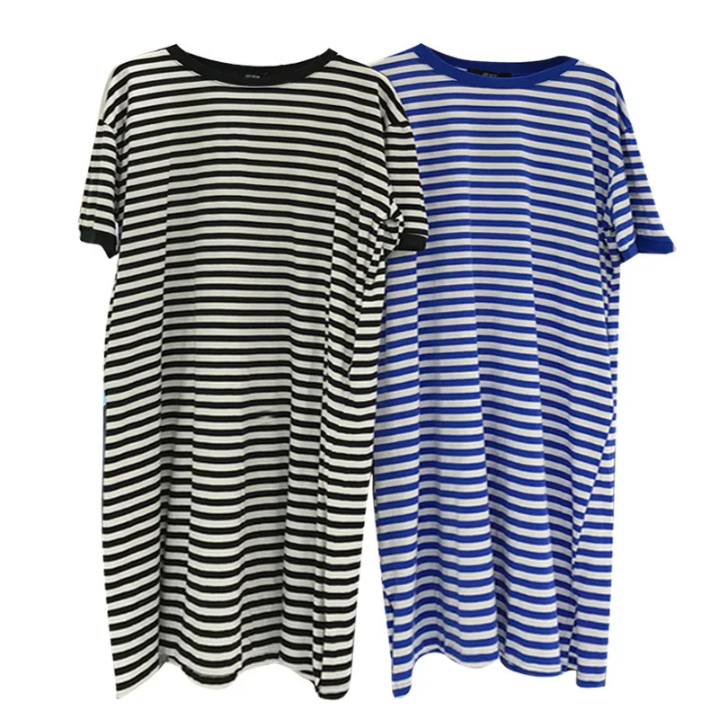 Blue Striped Dress Women 2023 Summer New Fashion Korean Medium Long Short-sleeve Knee-length Loose T-shirt Dresses Casual Office