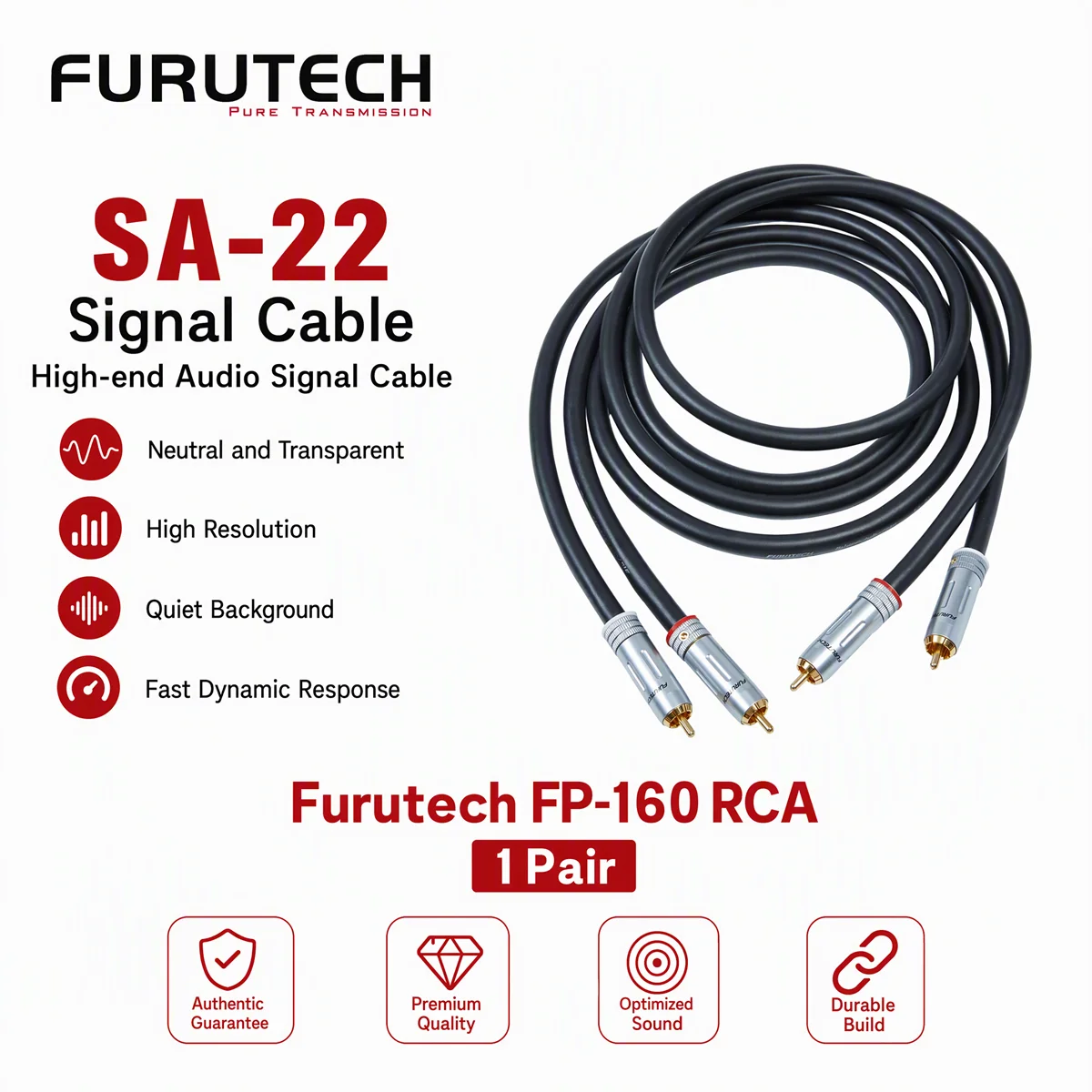 Furutech SA-22 μ-OFC HiFi 2RCA to 2RCA Audio Interconnect Cable, Double Lotus RCA Signal Wire for CD Player DAC Preamp Amplifier