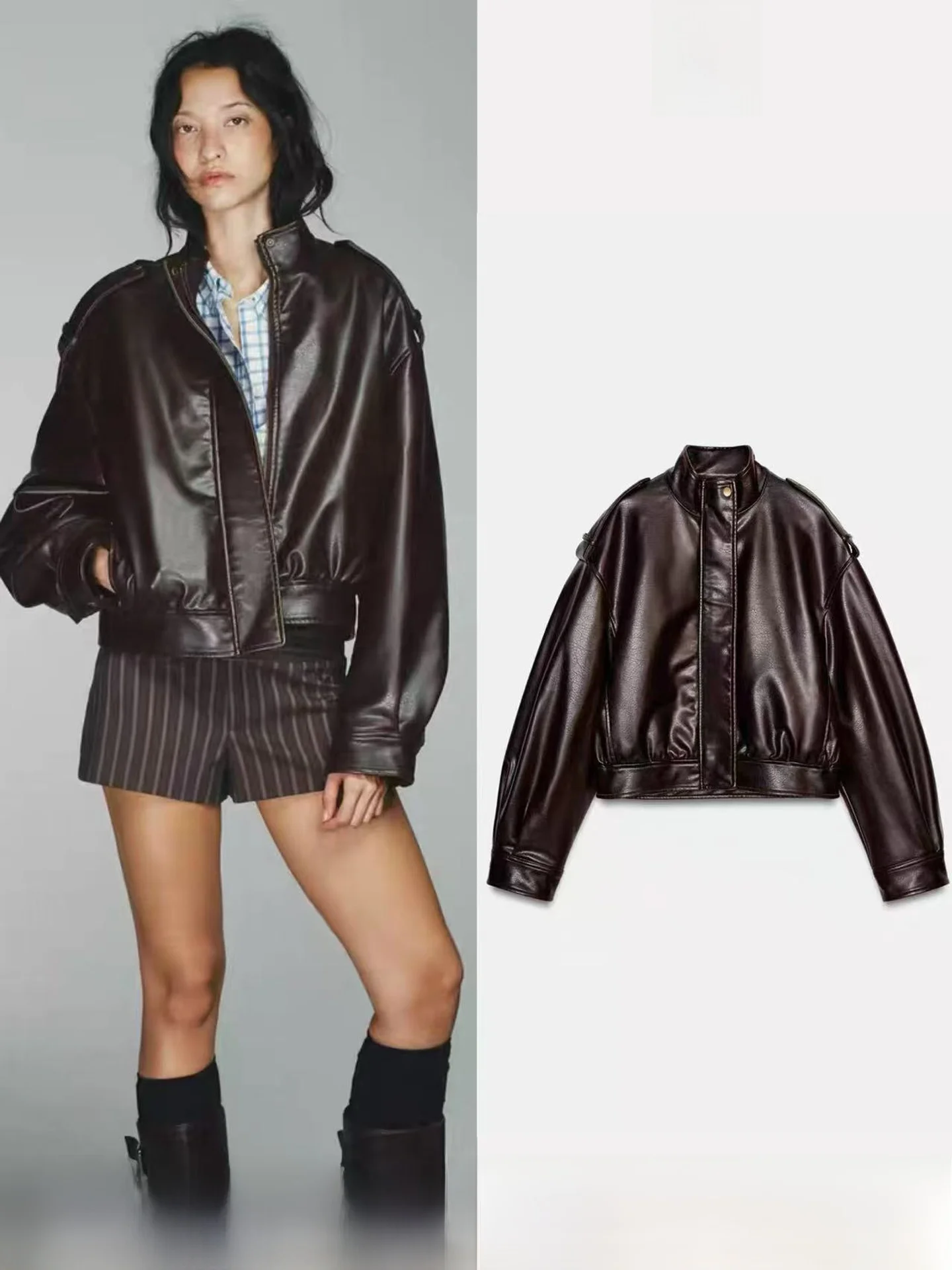 Spring New Arrival Women's Short Stand Collar Leather Effect Faux Leather Jacket Short Outerwear Long Sleeve Zipper Closure