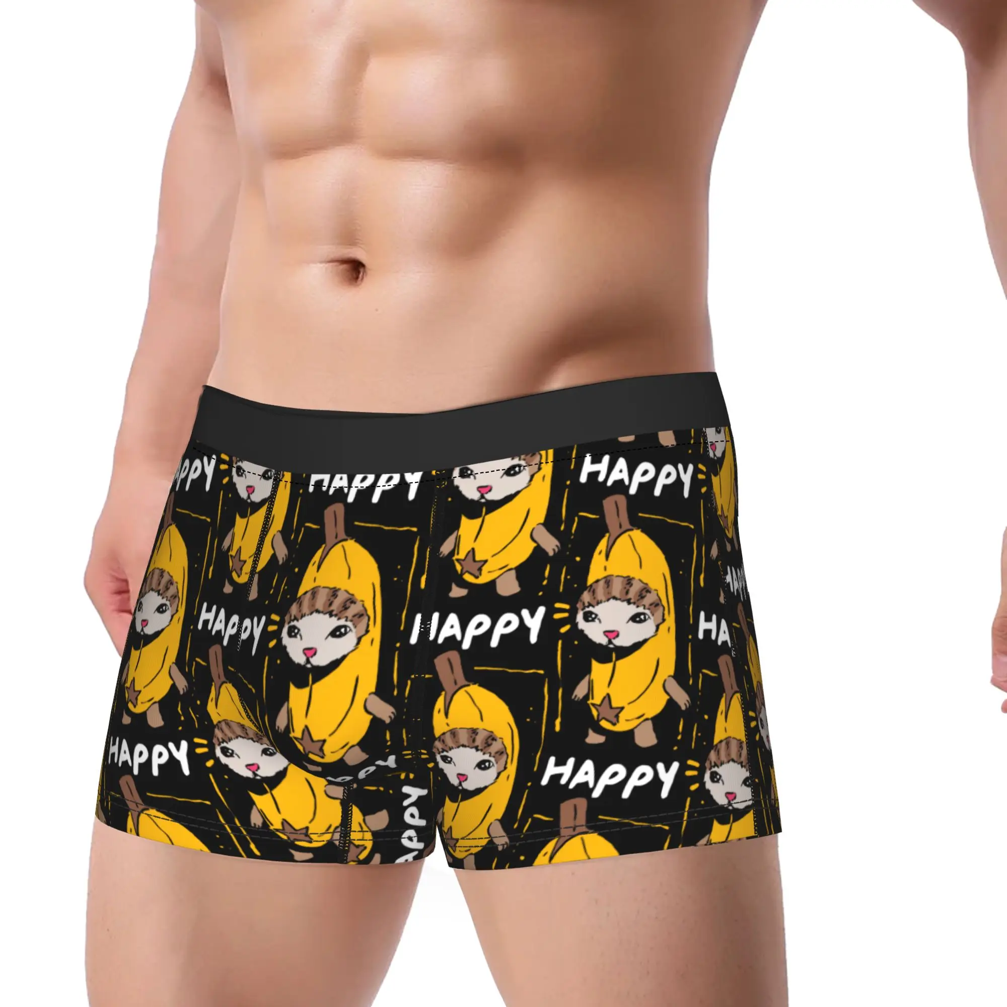 Happy Banana Cat Funny Meme Boxer Brief  Underwear Hot Sale Males Elastic Trunk Printed Large Size Underpants
