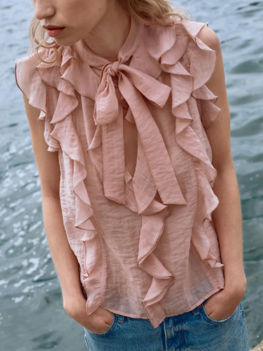 New Summer Women's irt V-ne Svel  Knot Layered Decoration Loose Fit Regular Length Button Closure
