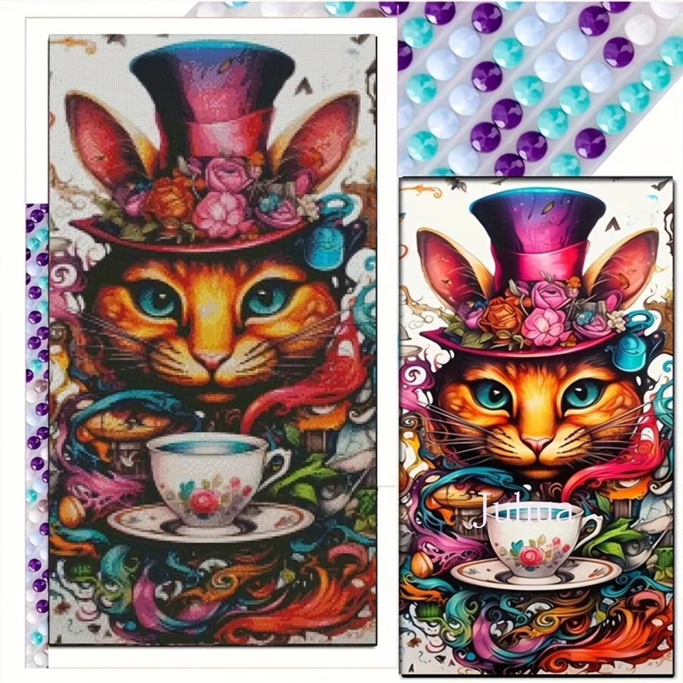 Cup Cat DIY 5D Diamond Painting Abstract Big Cat And Tea 5d Diamond Embroidery Mosaic Cartoon Art For Home Decor Top Gift