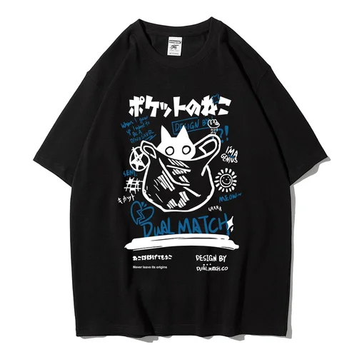Imagen 2 del producto Camisetas de dibujos animados para hombre y mujer, camisetas de manga corta con estampado de gato Harajuku Kawaii, ropa de calle para parejas, camisetas gráficas Y2K