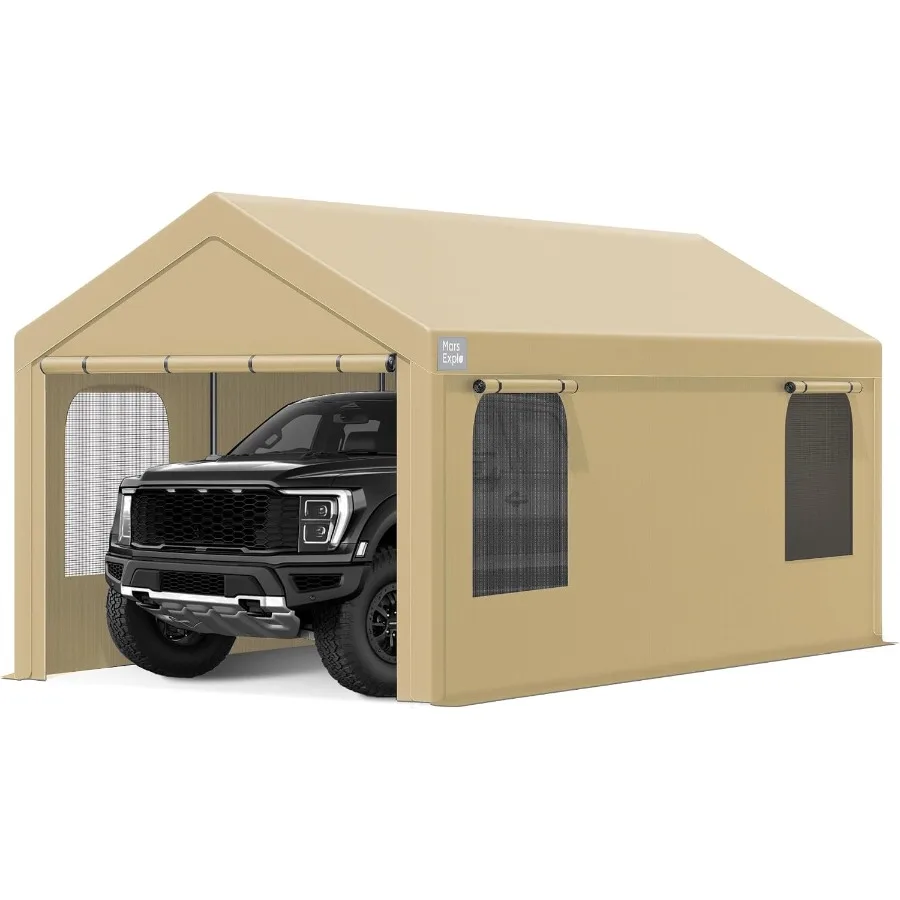 Portable Carport For Vehicles, Heavy-Duty Polyethylene, Gray, Waterproof UV-Resistant With Removable Sidewalls Doors And Roll-U