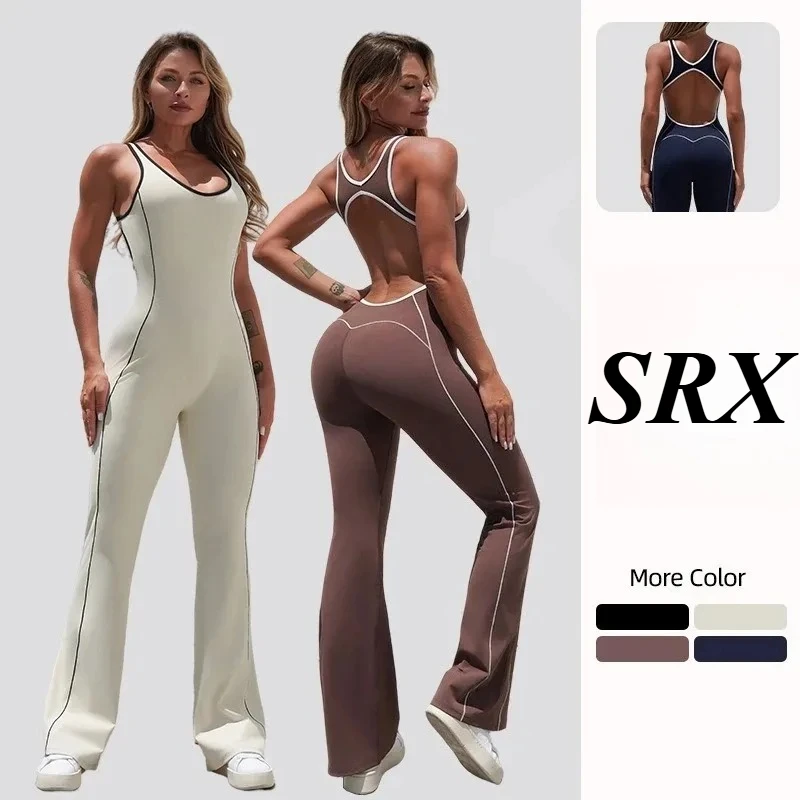 Body da yoga senza cuciture per donna Tuta sexy senza schienale color block e pantaloni svasati con sollevamento del bottino Set da allenamento per palestra con sensazione nuda