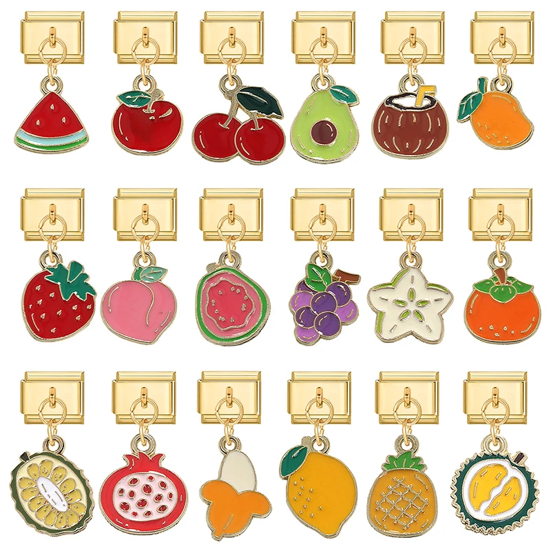 Gold Color Fruits Cherry Watermelon Mango Pineapple Pendant Italian Charm Links Fit 9mm Bracelet Women DIY Making Jewelry