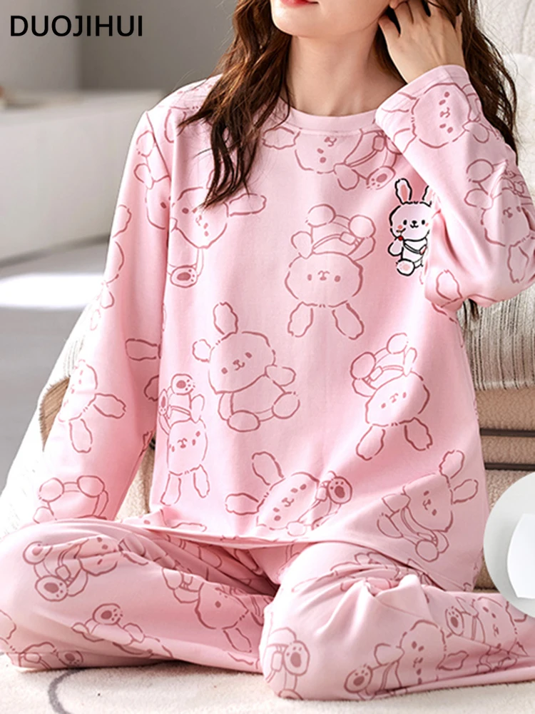 DUOJIHUI New Women's Two Piece Set with Chest Cushion Pajamas Korean Fashion Long Sleeve Cartoon Pink Women Home Furnishing Set