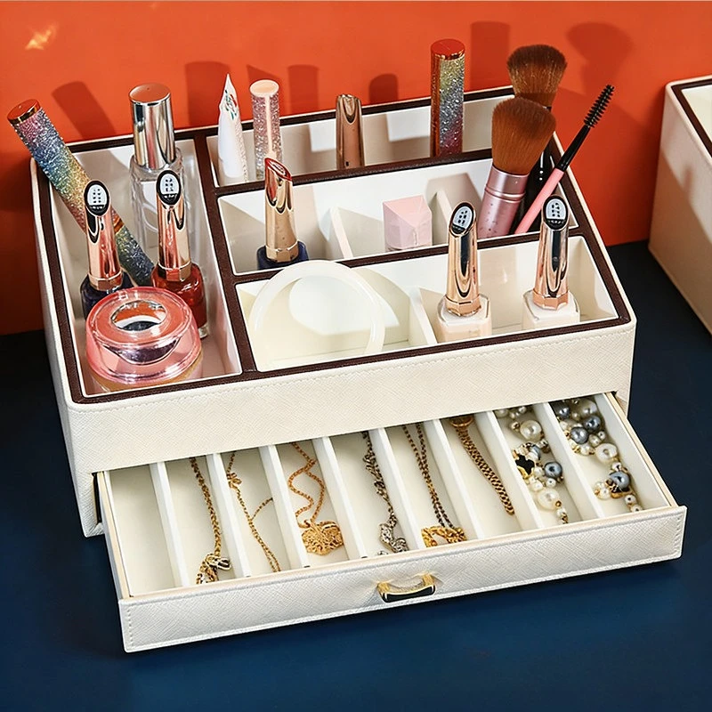 PU Leather Jewelry Box with Drawer Large Jewelry Storage Box Women Desktop Necklace Display Case Luxury Make-up Organizer Boxes