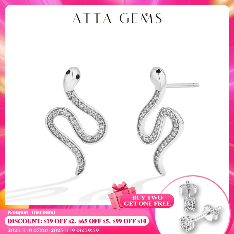 

ATTAGEMS Full moissanite Snake Stud Earring For Women Girls Real 925 Sterling Silver Jewelry Engagement Party Gifts High Quality