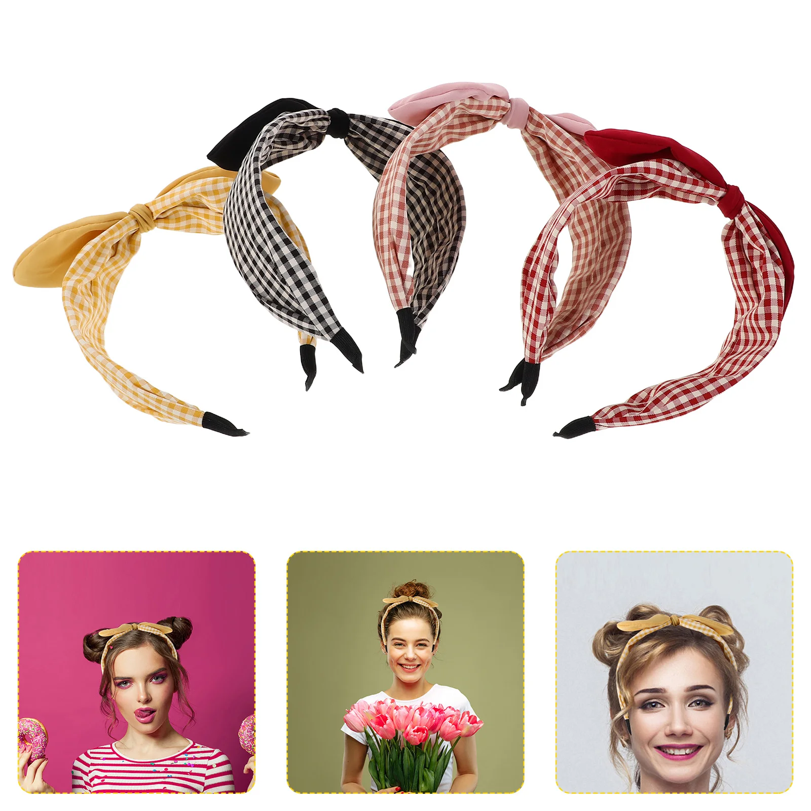 

4pcs Fashionable Headbands For Women Stylish Plaid Bow Wide Headband Soft Fabric Lady Headwear Boho Hair Band Vintage Party