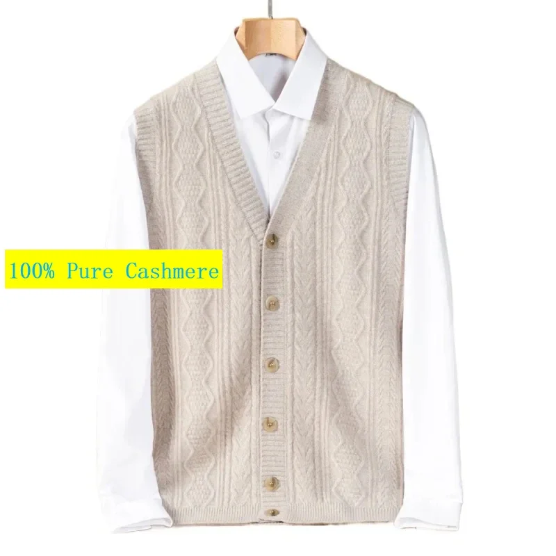 New Arrival 100% Cashmere Cardigan Men, Solid Color Jacquard Knitted Vest, Thickened Autumn Winter Plus Size SMLXL2XL3XL4XL5XL