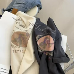 harajuku flower Print Short Sleeve oversized t-shirt summer Short Sleeve pure cotton t shirt y2k Tops women clothing gray tShirt