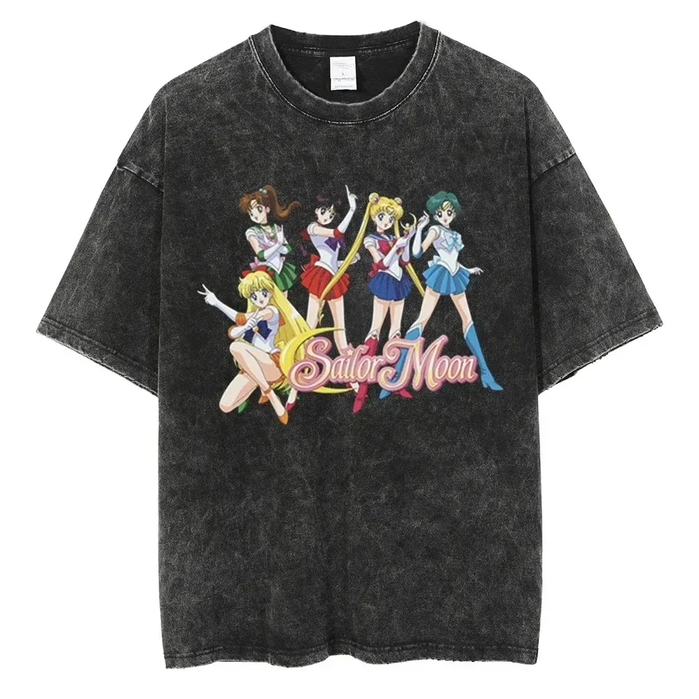 Sailor Moon Vintage Washed Herren T-Shirts Bedruckt Sommer Amerikanischer Streetwear HipHop Damen Oversized Kurzarm-T-Shirt Harajuku