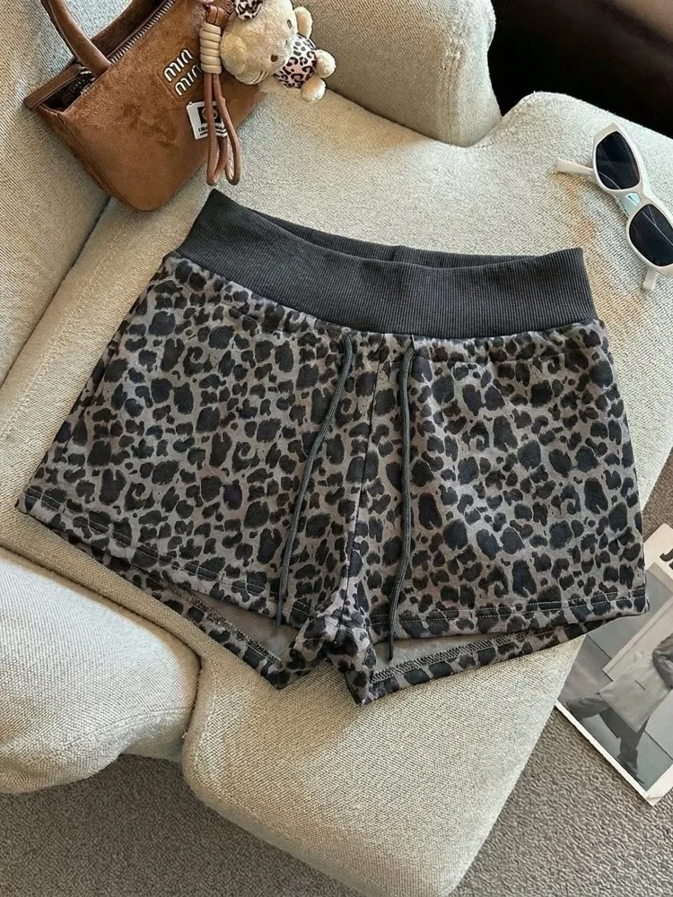 American Style Sporty Leopard Print High Waist Wide Leg Short Pants Women's Autumn Winter New Elastic Belly Control Bootcut P...