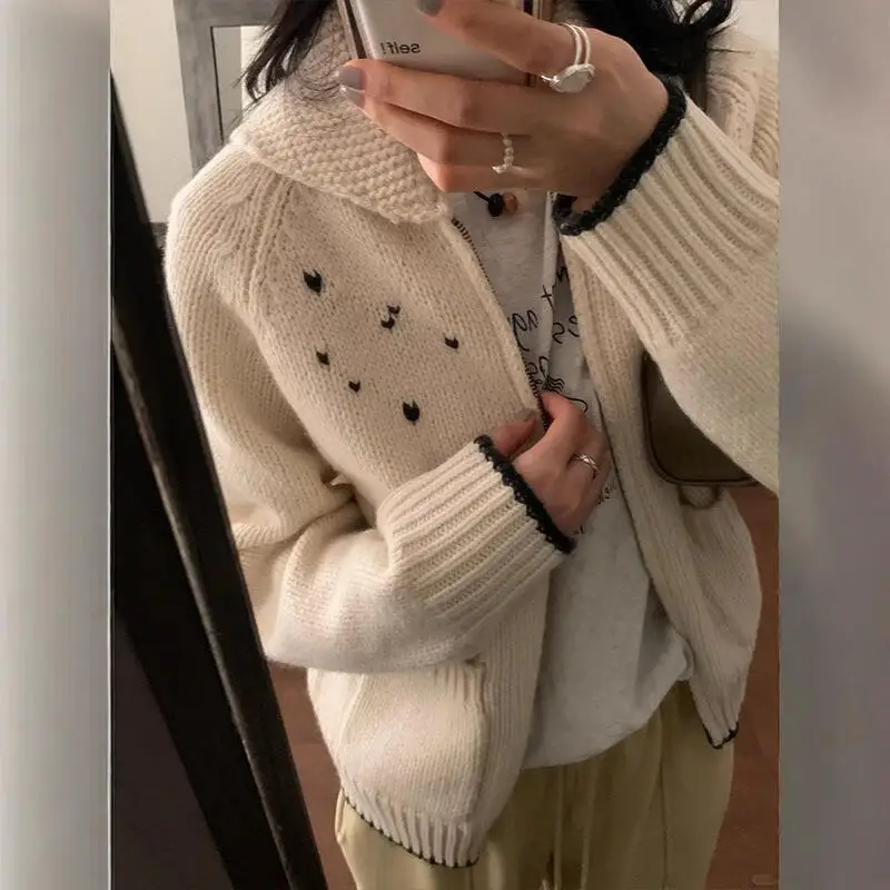 

Winter Women's Knitted Cardigan Sweater Pullover Girl's Autumn Korean Style Knitwear Thicken Lapel Loose Zipper Coat Outerwear
