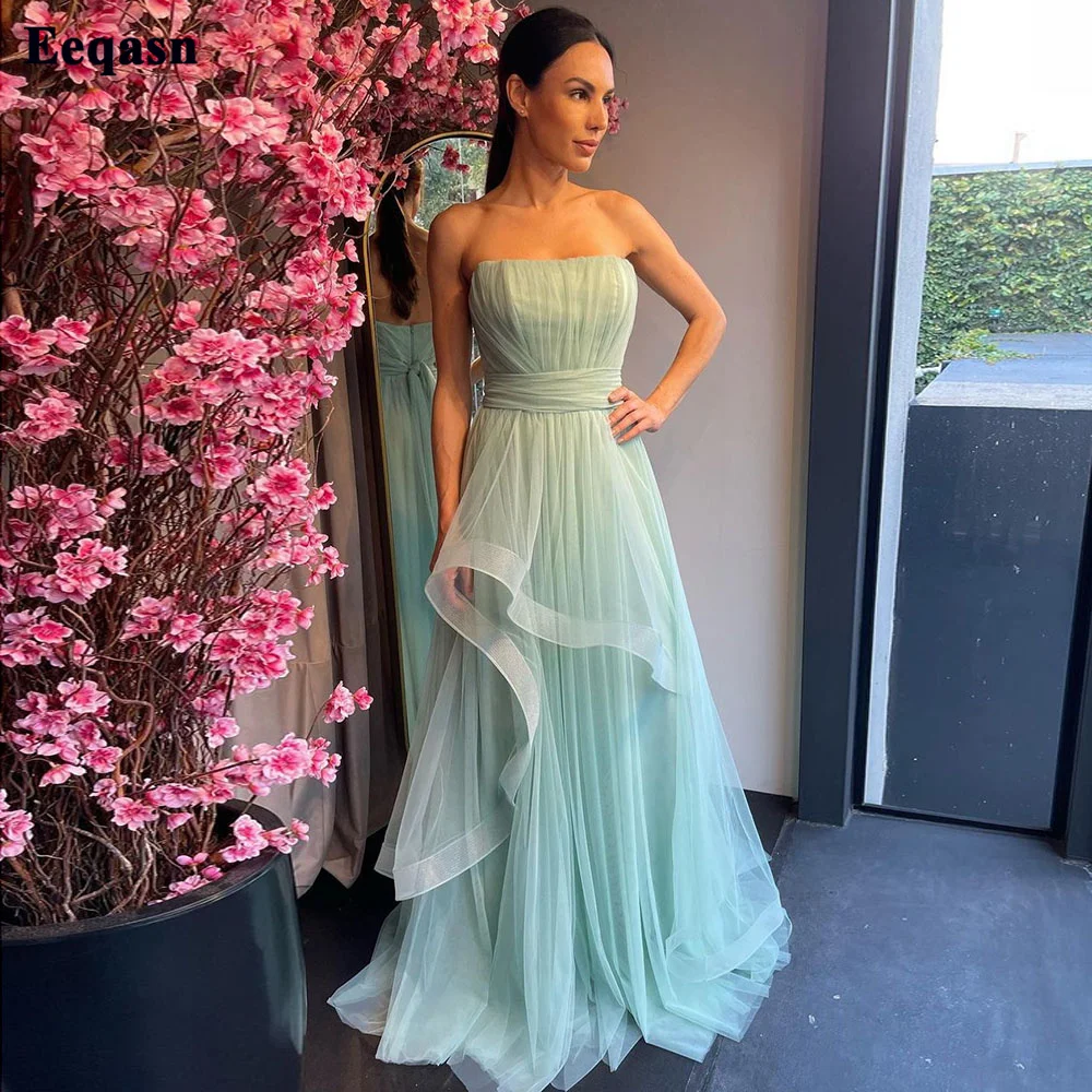 Customized Mint Green Tulle Formal Prom Dresses Strapless Drape Evening Gowns Pleats A Line Women Wedding Party Bridesmaid Gown