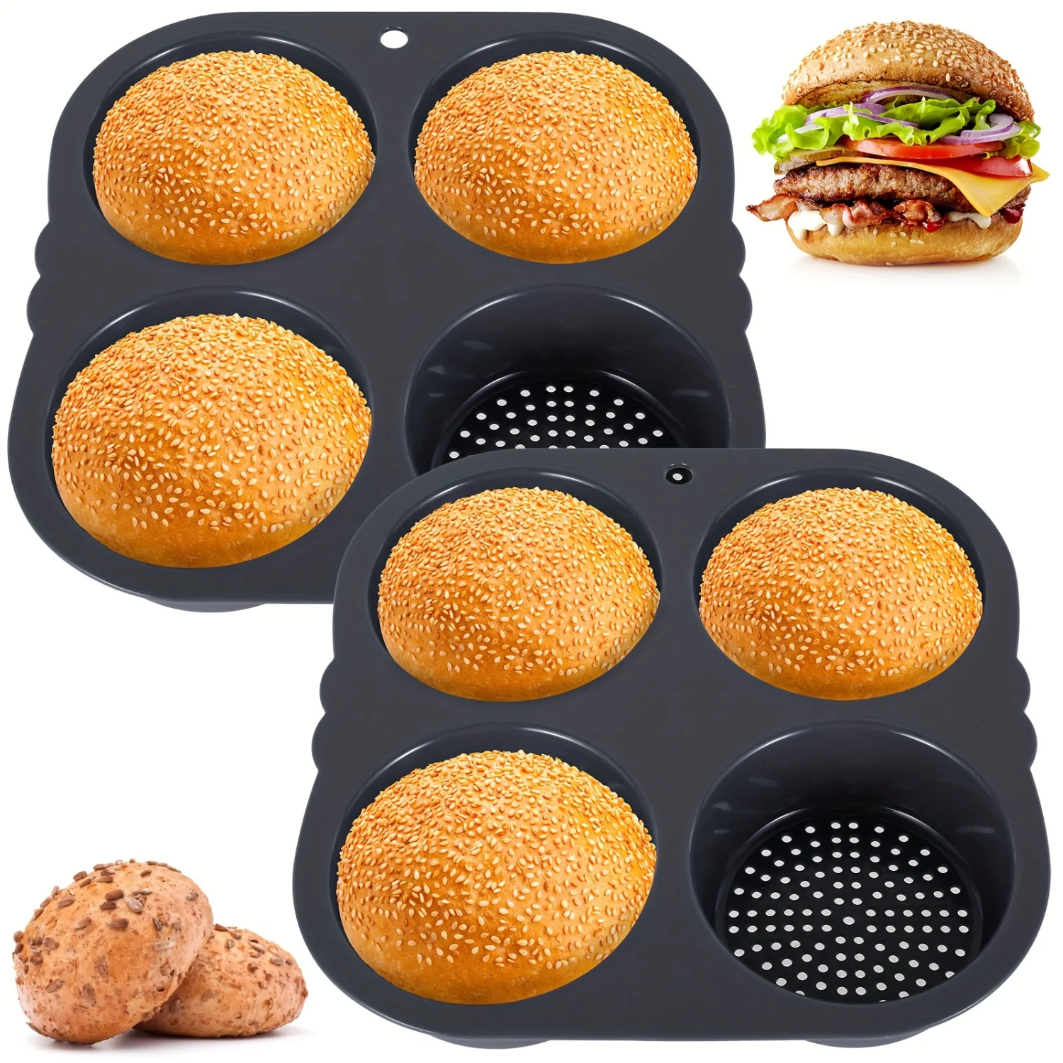 2Pcs Silicone Hamburger Bun Mold with 4 Cavities Non-stick Hamburger Bun Pan Flexible Reusable Hamburger Bread Mold Easy to Rele