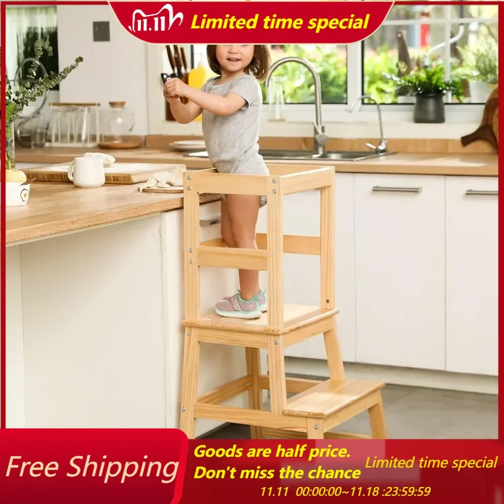 

Kids Kitchen Step Stool for Kids with Safety Rail,Solid Wood Construction Toddler Learning Stool