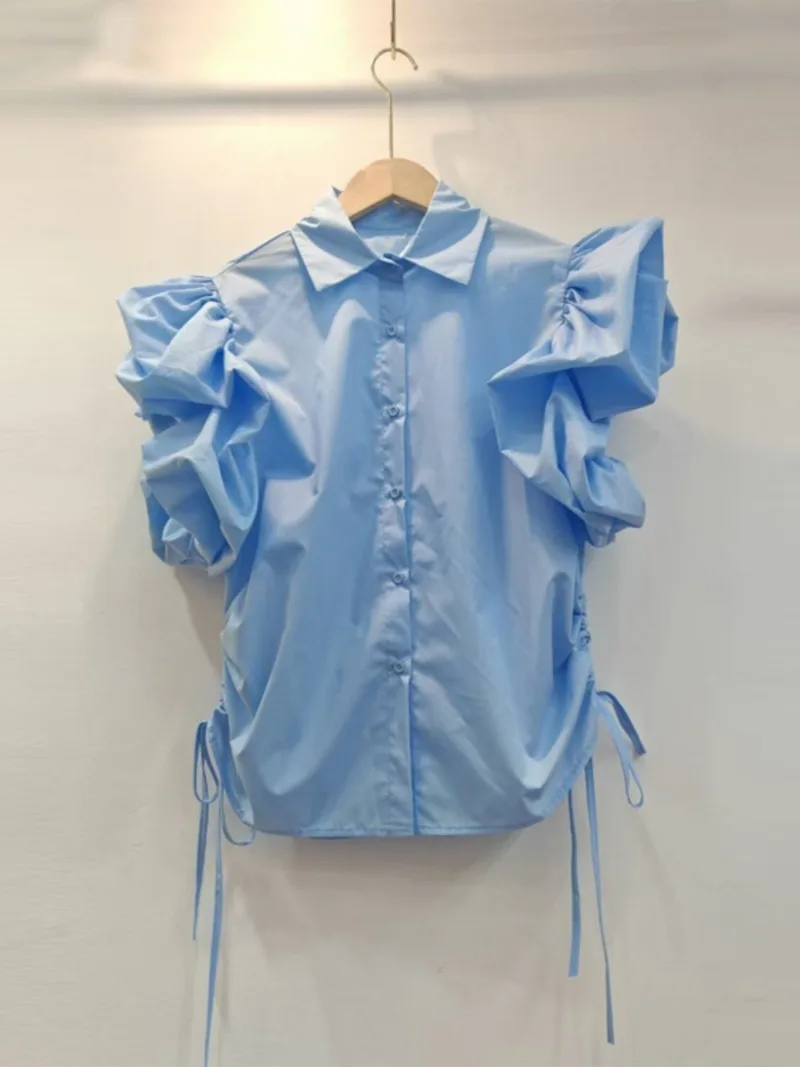 Ruched Sleeve Shirts & Blouses 2025 Woman Blusas Drawstring Camisas Lapel Neck Single Breasted Ropa Mujer Summer New Tops