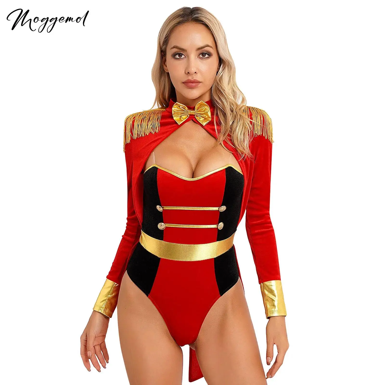 Tuta da donna Circus Ringmaster Costume Halloween Carnival Party manica lunga cappotto posteriore in velluto con frange Sexy body Cosplay